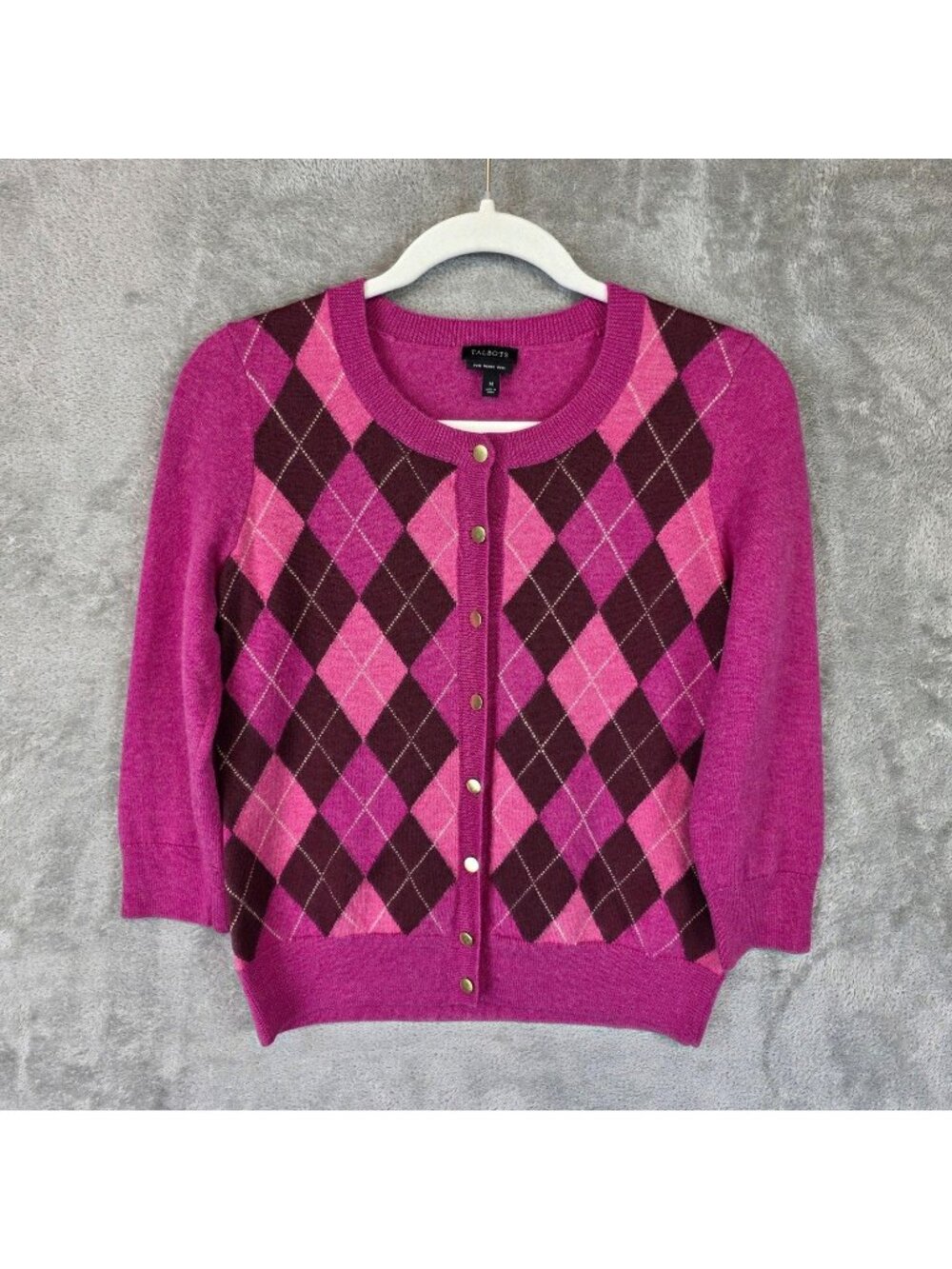 Talbots Cardigan Sweater Womens M Pink Argyle Merino Wool Crew Neck Button Front